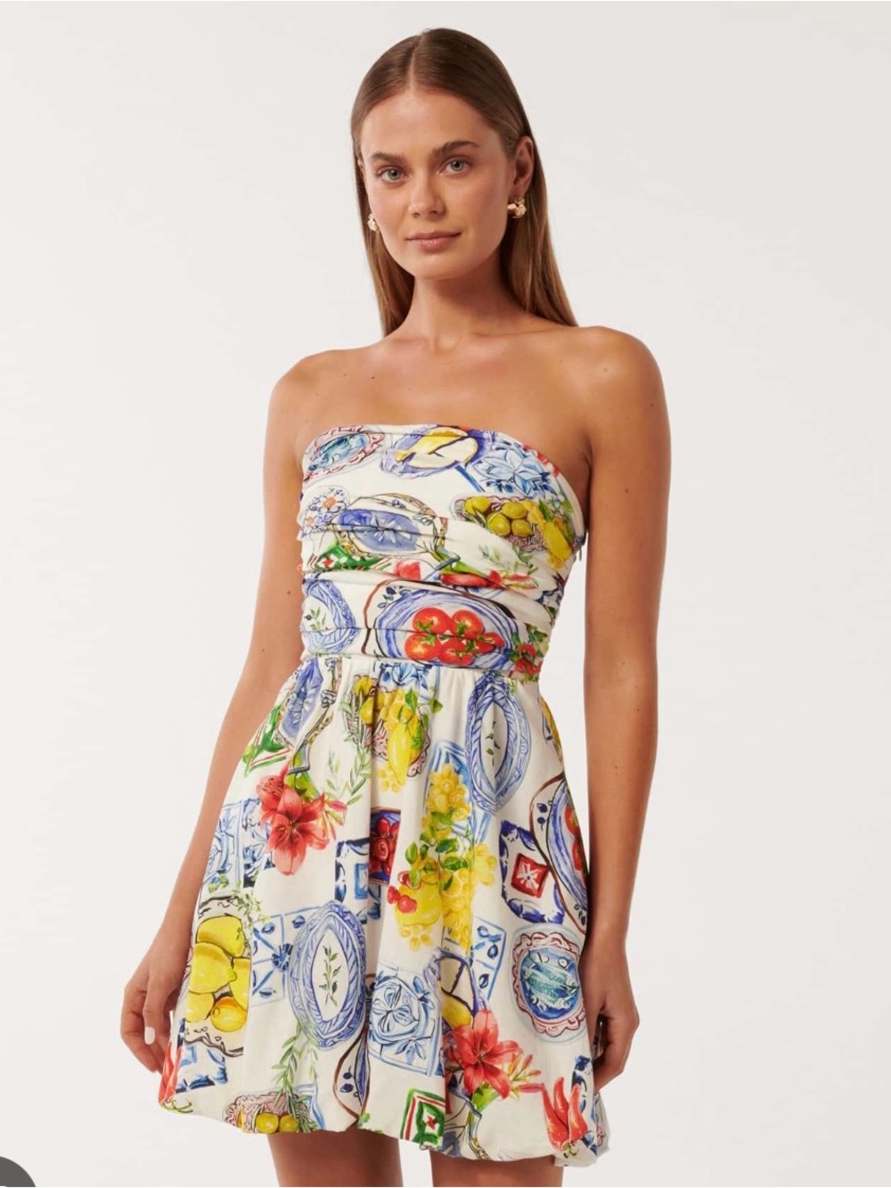 Forever New Strapless Tile & Floral Print Sundress - White Multi